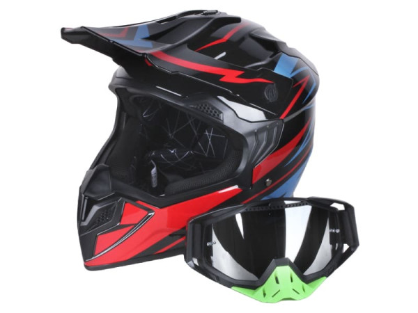 Шлем для мотоцикла, скутера MD-911 VIRTUE кроссовый с очками (черный с синим и красным, size S)