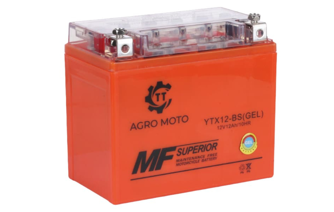 Акумулятор гелевий TT AGRO MOTO YTX12-BS 12(10)АH, 150×87×130 мм на бензиновий генератор, помаранчевий