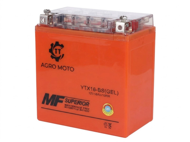 Аккумулятор гелевый TT AGRO MOTO YTX16-BS 16АH на генератор, 150×87×161mm оранжевый