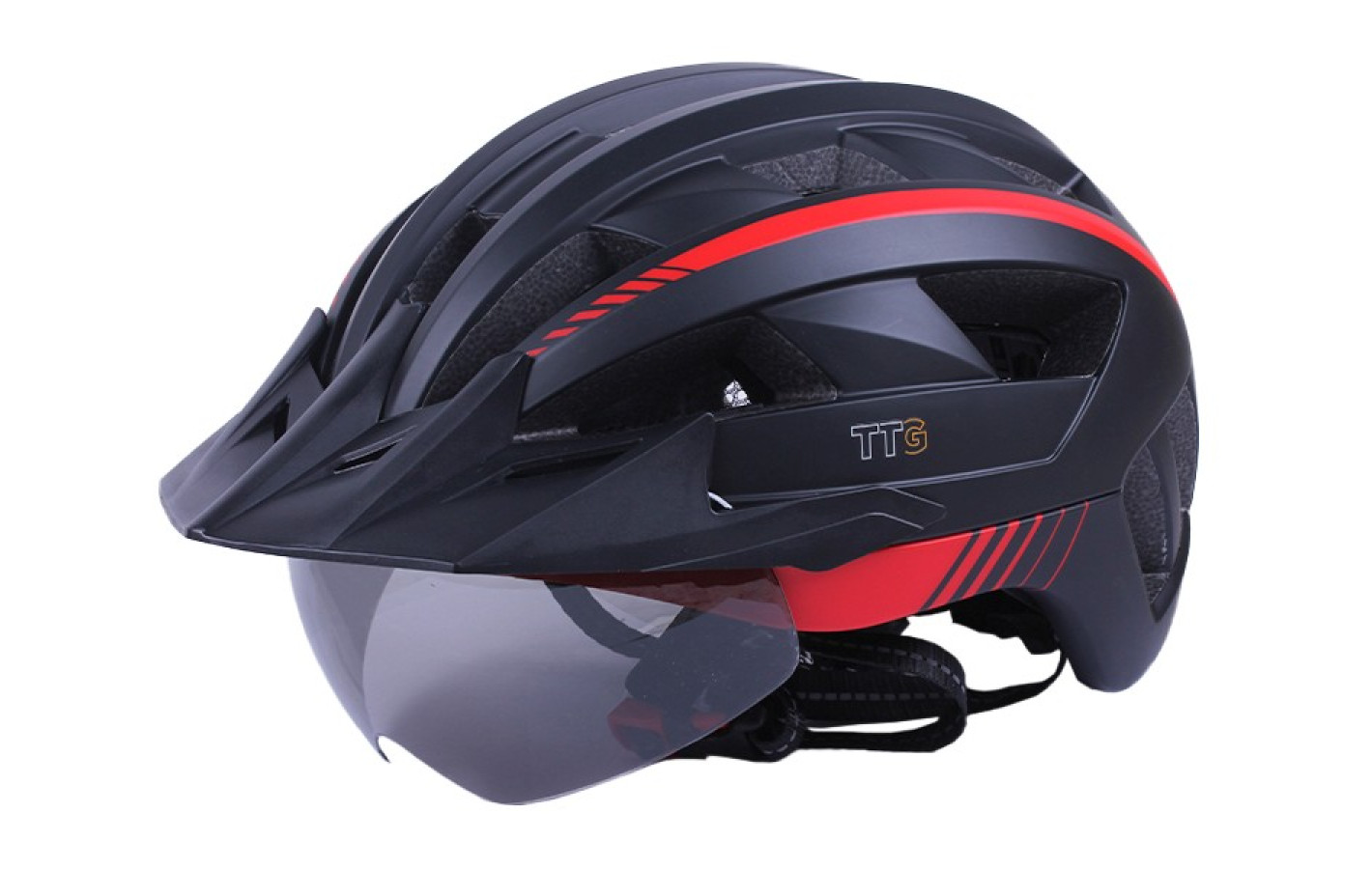 Шлем велосипедный GTS-H-050 TTG с красным габаритным фонарем, козырьком, очками (черный с красным, size L)