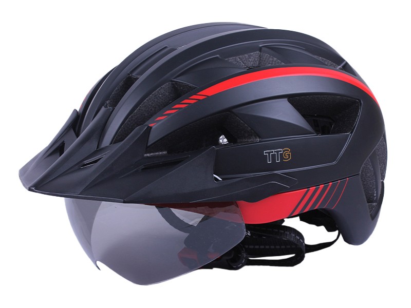 Шлем для велосипеда, скейтборда GTS-H-050 TTG с красным габаритным фонарем, козырьком, очками (черный с красным, size L)