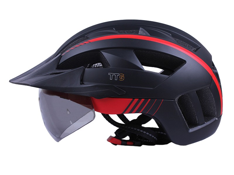 Шлем для велосипеда, скейтборда GTS-H-050 TTG с красным габаритным фонарем, козырьком, очками (черный с красным, size L)